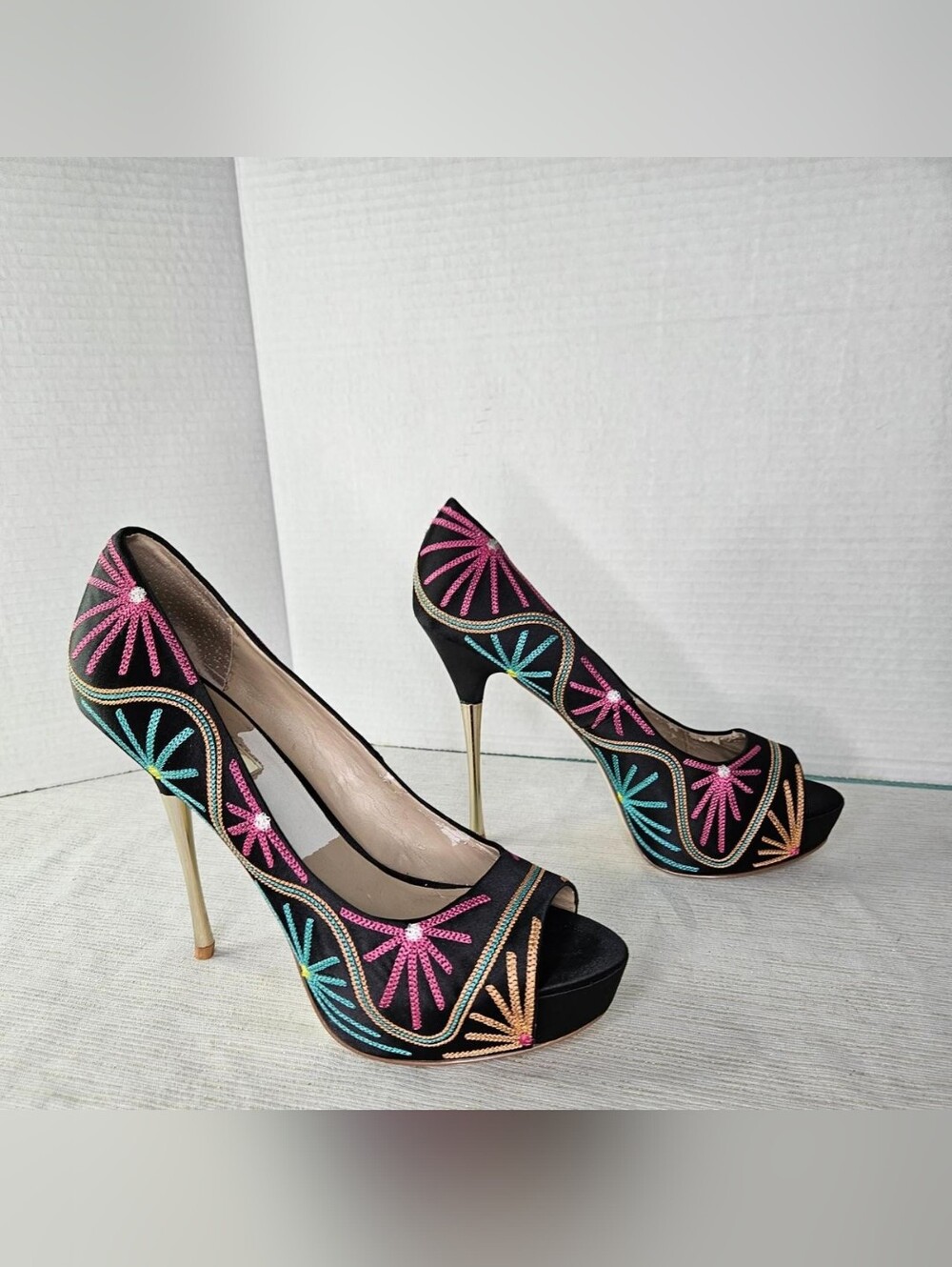 INC International Concepts Black Multicolor Embroidered Peep-Toe Heels
